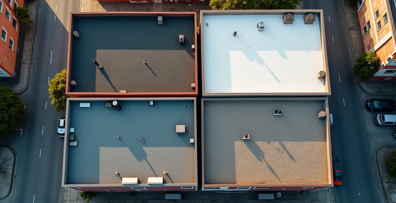Vue aérienne comparative de différents types de membranes sur toits plats