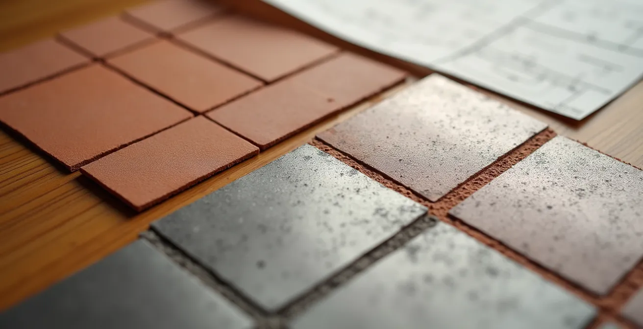 Vue macro de plans techniques et calculs de toiture avec matériaux d'échantillons