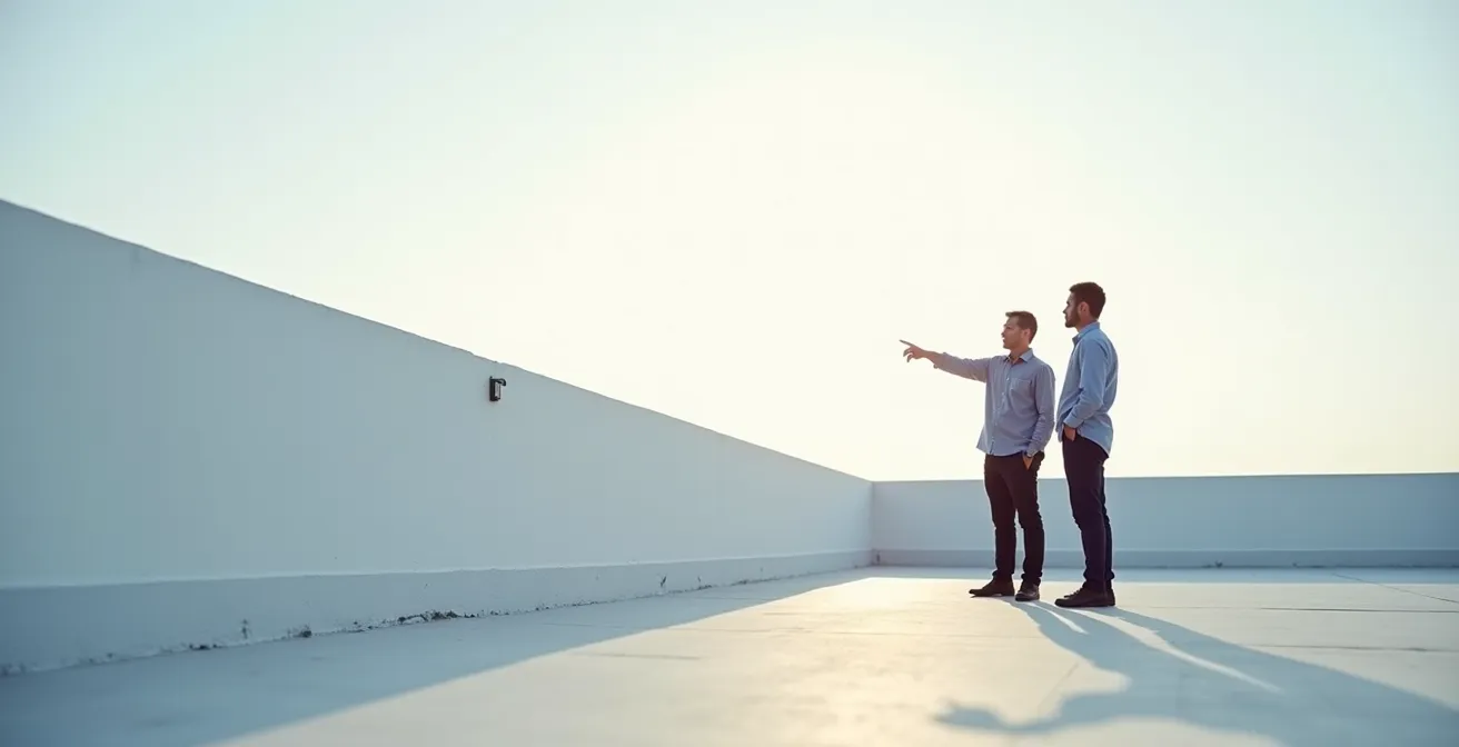 Échange professionnel entre client et couvreur sur un chantier avec échantillons de matériaux