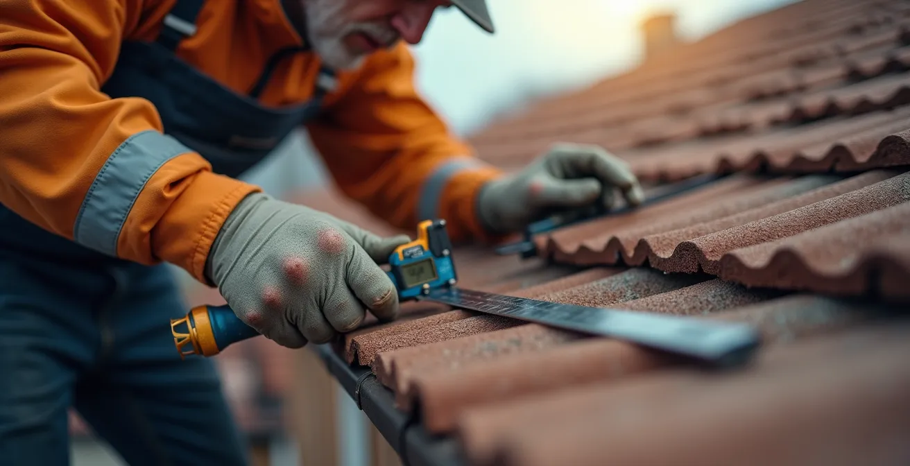 Couvreur professionnel effectuant une inspection détaillée d'une toiture avec prise de notes