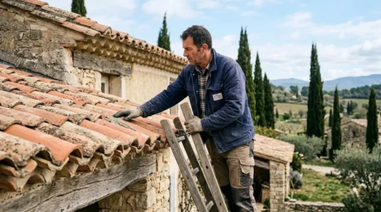 Artisan couvreur inspectant des tuiles canal terre cuite sur un toit provençal
