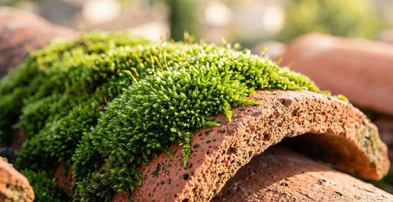 Gros plan extrême sur une épaisse couche de mousse verte recouvrant une tuile canal en terre cuite, montrant la texture poreuse du matériau et les infiltrations d'humidité