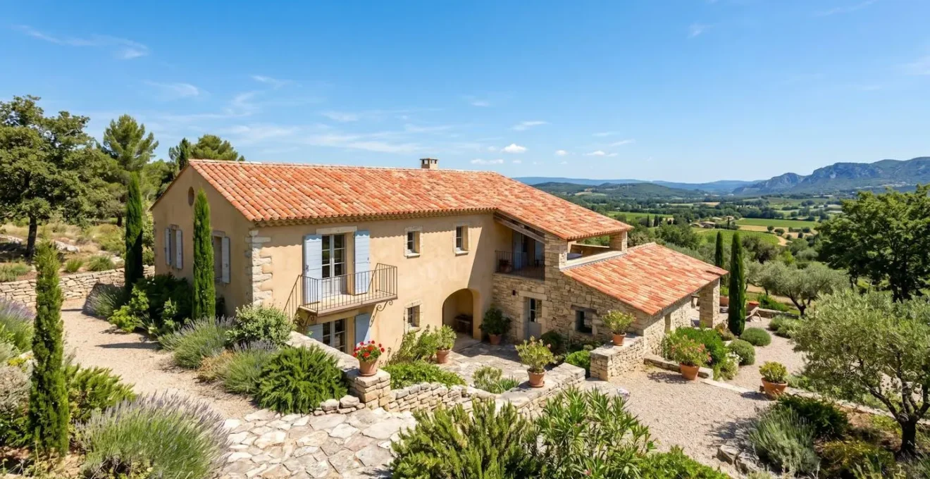 Vue en grand angle d'une toiture traditionnelle provençale avec tuiles canal en terre cuite rouge, architecture typique du Vaucluse, sous un ciel bleu méditerranéen lumineux